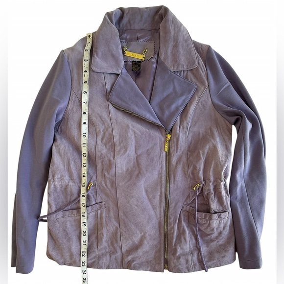 IMAN Genuine Suede Leather Moto Jacket Lilac Purple Lavender Knit Sleeve S NWT - Picture 9 of 10